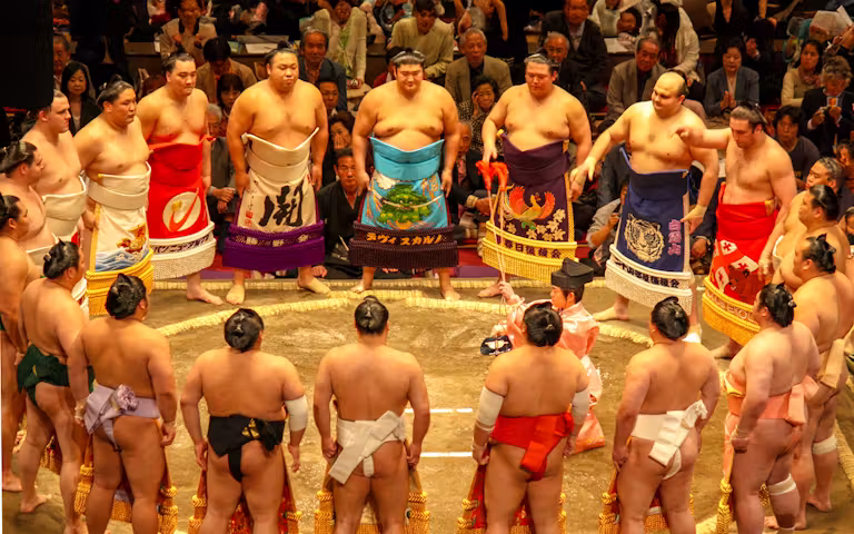 化粧廻しをまとった幕内力士たちが土俵入りで土俵を囲む様子